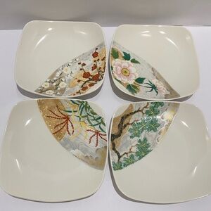 4 Dessert Salad Plates Square Round Corners Ceramic Asian Inspired 8"